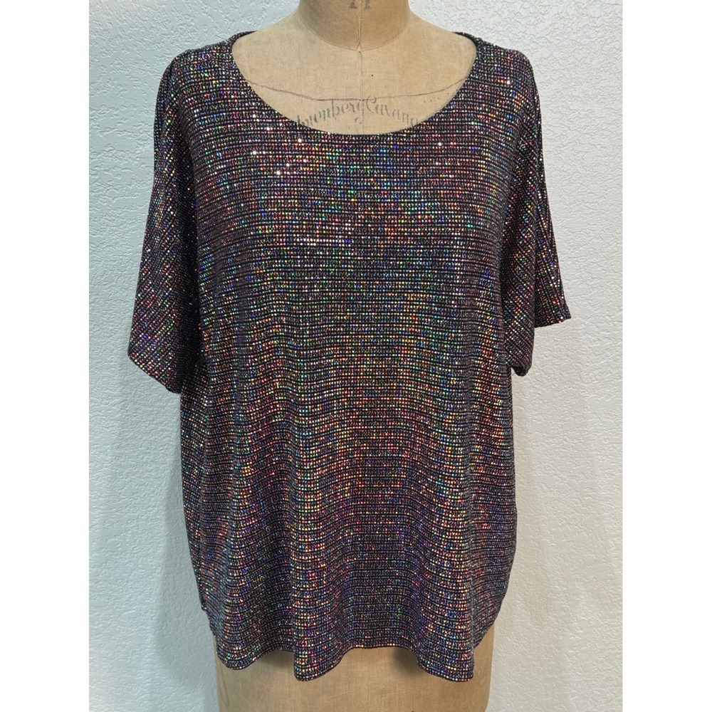 Hesed‎ Womens Large Black Rainbow Metallic Sparkle Short Sleeve Top NWT